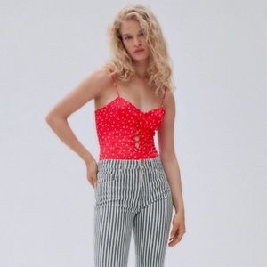 Zara Bodysuit Small Satin Effect Start Print Lace Up Spaghetti Strap V-Neck